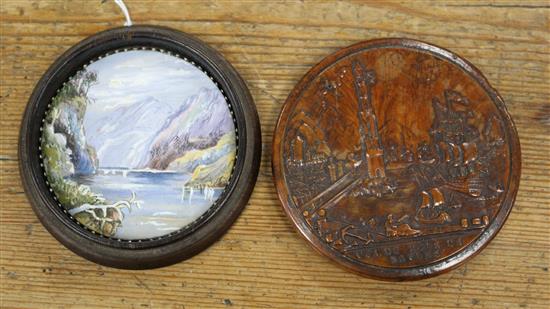 A carved wooden circular box lid, Vue Du Mole De Naples, diameter 8.3cm